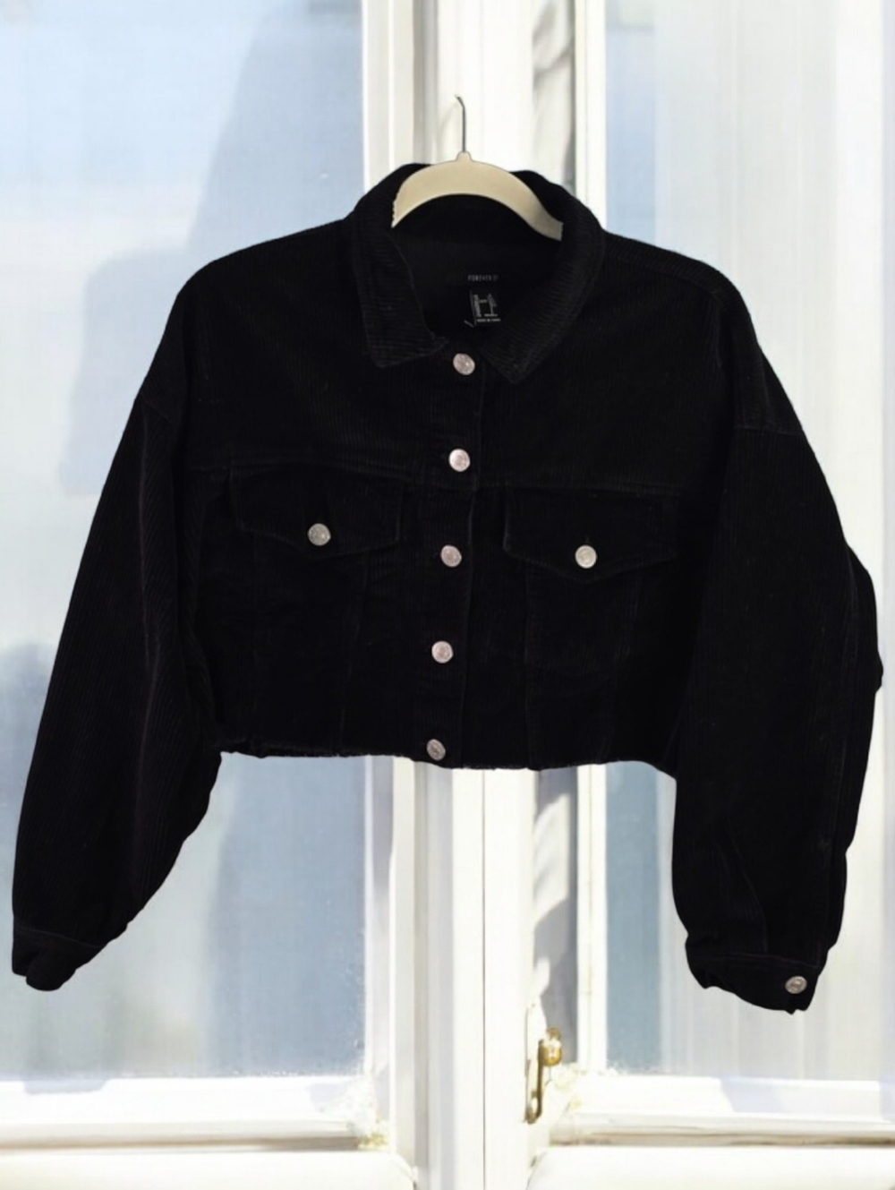 Forever 21 Black Ribbed Corduroy Crop Jacket Button Up Women's Size Small Black7